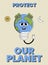 World Earth day or World Environment Day card. Retro Earth character cartoon groovy style. Funky globe poster with