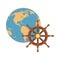 World earth map and ship wooden wheel