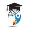 World education logo. graduate hat world globe active people kids student elements.