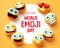 World emoji day vector background template. World emoji day text in circle white frame with cute smileys.