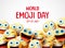 World emoji day vector banner background. World emoji day text with group of funny smiley emojis.