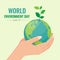 World environment day banner with hand hold seed plant on circle earth world vector design