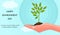 world Environment day .Holding plant in hands with a quote and message ,sky blue background