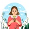 World Environment Earth Day. Young woman character holds handful soil with plant sprout seed. Sustainable lifestyle, green,