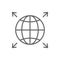 World expansion black icon. Globe line symbol with arrows.