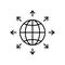 World expansion black icon. Globe line symbol with arrows.