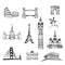 World famous city landmarks Travel locations icon set Sightseeings of London, Rome, Berlin, Athens, Moscow, San Francisco, Paris.