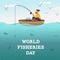 World Fisheries Day. Fisherman with fishing rod on boat at the sea. Fisher catching fish. Fishes underwater and seagull