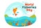 World Fisheries Day Vector Illustration of Fisherman with Fishing Rod on Boat at the Sea to Protecting Aquatic Ecosystems