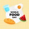 World food day celebration poster background design. various kinds of food and drink icon on plate vector illustration