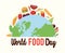 World food day lettering poster with earth planet half and food