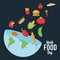 World food day lettering poster with earth planet half and nutritive food