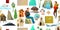 World geography items seamless pattern. Cartoon style. Travel items and plants trees of climatic zones. Dwellings of