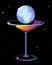 World in glass of martini