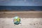 World globe beach ball lying on beach by the ocean.