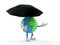 World globe character holding umbrella