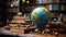 A world globe stands on books in a library. The concept of a global planet