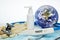 World globe, stethoscope, medical masks, sanitizer, thermometer on white background. Quarantine Concept of coronavirus, covid