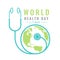 World Health day banner with blue stethoscope sign and green world map circle vector design