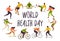 World Health Day. Healthy lifestyle. Roller skates, running, bicycle, run, walk, yoga. Active young people. Vector