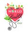 World Health Day heart and stethoscope design. Houses and trees with heart bushes. Vector illustration on white background