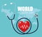 world health day lettering with heart cardio and stethoscope in earth planet