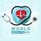 World Health Day - Stethoscope rolling heart line around world with red heart and heart rhythm wave line sign on soft blue
