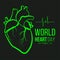 World heart day banner with green Human Heart sign and wave heart sign on monitor black background vector design