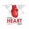 World Heart Day concept, heart vector illustration with world map on white background.