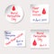 World Hemophilia Day theme. Set of stickers, banners of different shapes: round, square, rectangle. Inscriptions and drops of bloo
