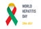 World hepatitis day. Red, yellow and jade green ribbon as symbol hepatitis A,B,C awareness.
