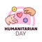 World Humanitarian Day - 19 August - banner template. Hand giving and receiving help symbolized as pill, heart, asterisk icons
