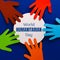 World humanitarian day text on white circle with multi coloured hands on blue background