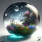 A world inside magic glass sphere, flowers water drops tree and grass inside glass ball. Generative Ai