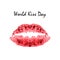 World Kiss Day. 6 July. Watercolor red lips. Imprint of lips and kiss. Print. Vector illustration on isolated background