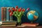 A world of knowledge within a book adorned with red tulips and a globe, educational photo