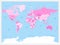 World map atlas. Pink colored political map with blue seas and oceans. Vector illustration