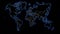 World map in blue neon on black with international political divisions. Geopolitics concept, war room. Digital 3D render