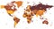 World map - brown orange hue colored on dark background. High detailed political map of World with country, ocean and