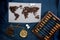 World map of coffee beans, scales. trade and globalization. top view