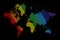 World map in colourful dots on black background. Earth continents in rainbow colours vector illustration. America, Asia