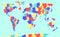 world map, continents of colorful female heads, holiday design