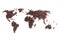 World map with continents lined with coffee beans on a white isolated background