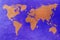 World map on copper background. Blue and copper color