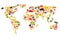 World map from different fresh fruits and vegetables, isolated