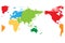 World map divided into six continents. Asia and Australia centered. Each continent in different color. Simple flat