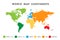 World map divided into six continents in different color.