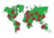 World map filled with red coronavirus COVID-19 symbols showing the pandemic global crisis. Illustration on white