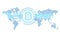 The world map in the form of a microcircuit. Electronic lines are collected in the bitcoin icon