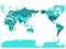 World map in four shades of turquoise blue on white background. High detail Pacific centered political map. Vector